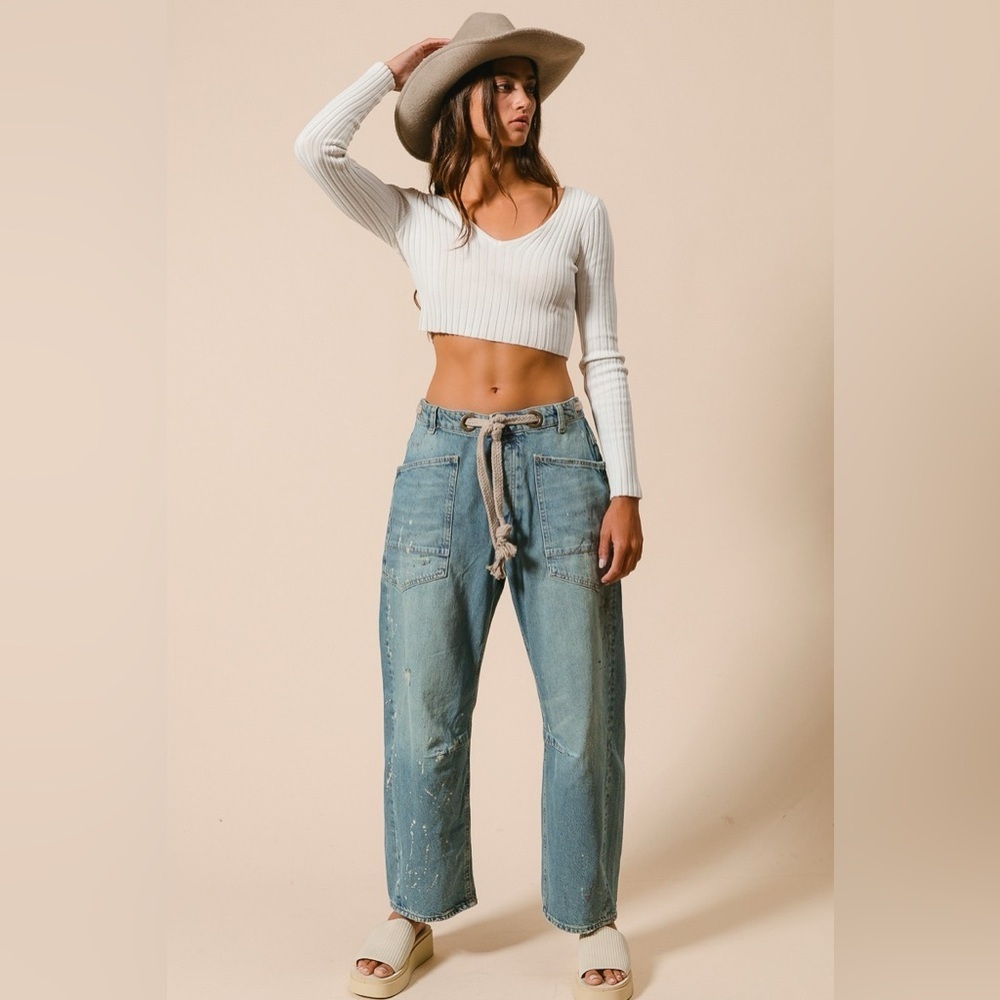 NWT BRAIDED WAIST BELT DRIP PAINTING DETAIL WASHED DENIM PANTS BARREL JEANS - Picture 5 of 14